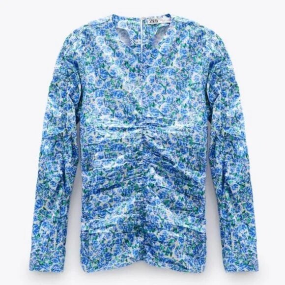 Zara Lightweight Floral Top Blue White XS - Picture 2 of 13